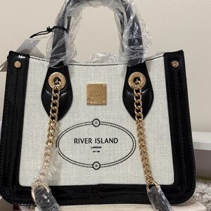 River Island Cream and Black Logo Satchel with Gold Chain